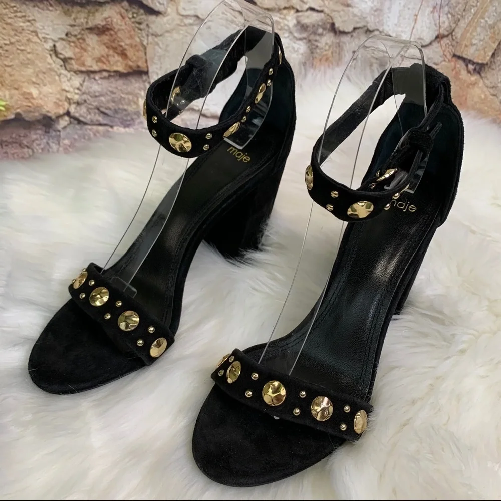 MAJE Quiet Luxury Black Suede Ankle Strap Embellished Sandals, 9
